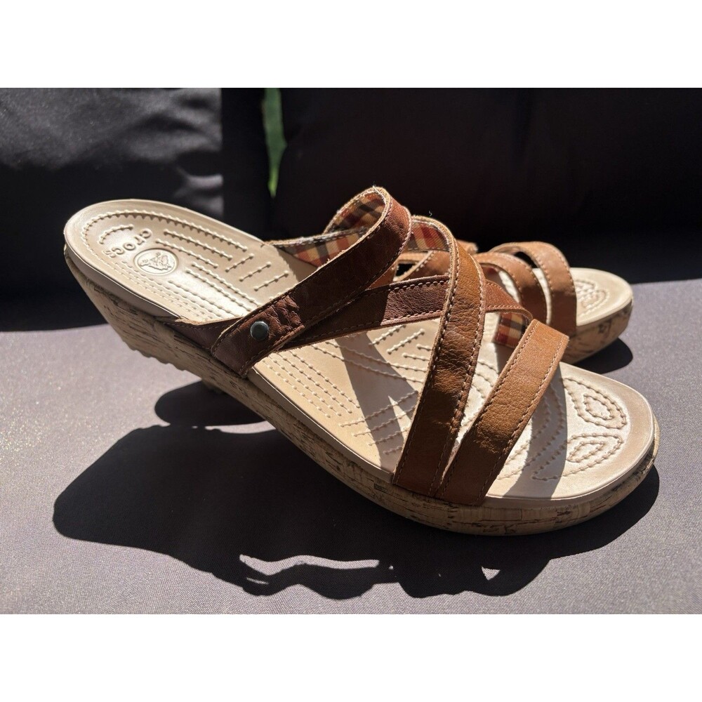 Crocs Women’s 10 A Leigh Brown Cork Wedge Sandals Work Shoes Casual Minimalist